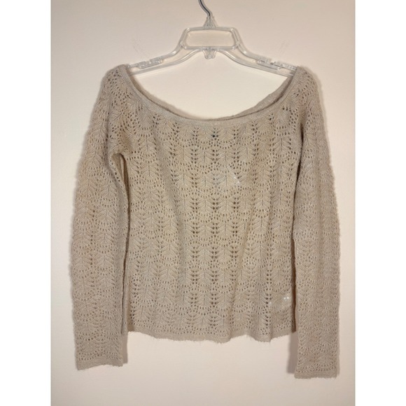 American Eagle Lace Knit Sweater Tan Long Sleeve Boat Neck Women's M NWT - Picture 5 of 10